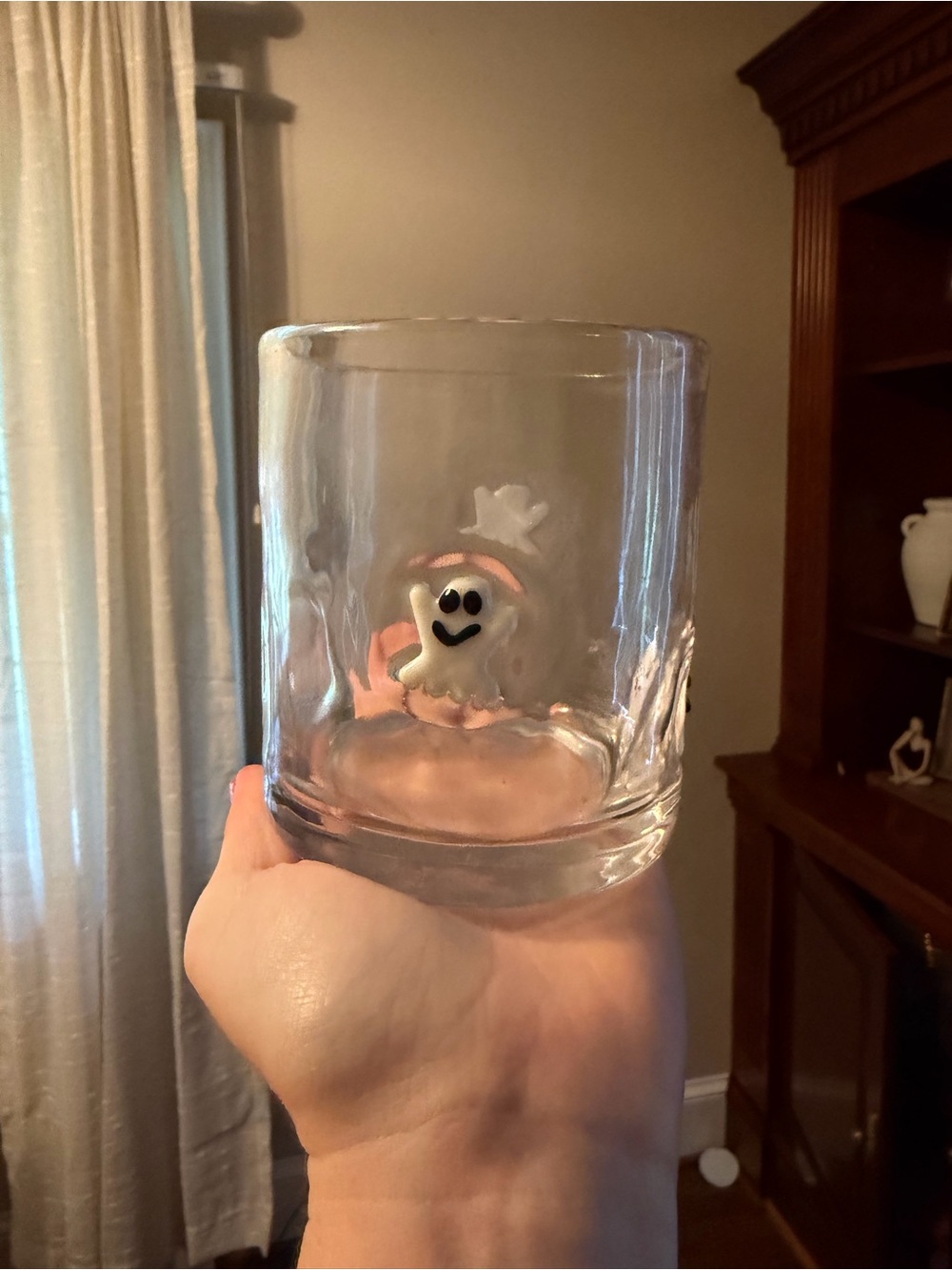 Clear Glass Tumbler with Playful Ghost Accent - White Detail. icon juice glass